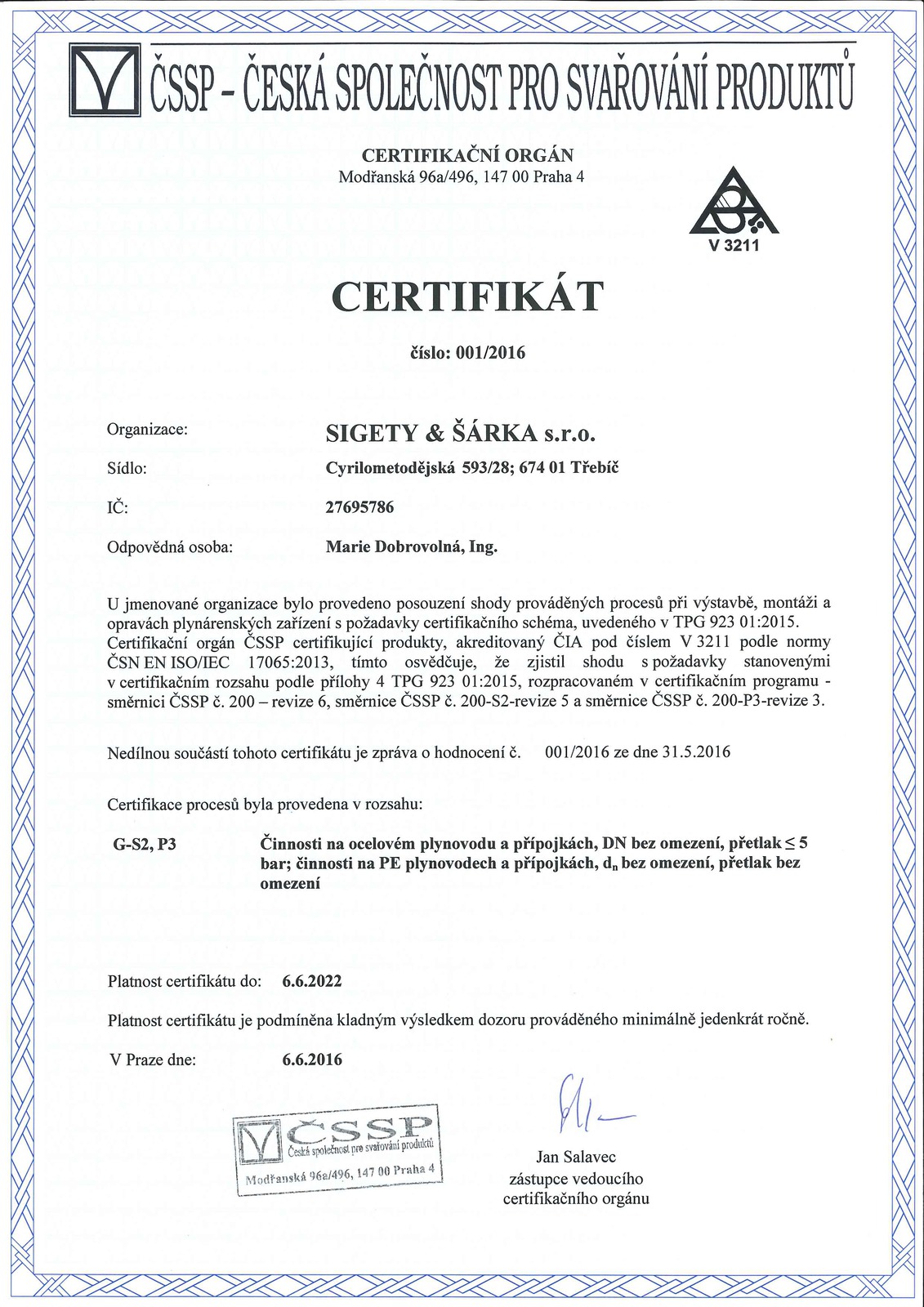 certifikát dle TPG 923 01:2015 rozsah G-S2,P3