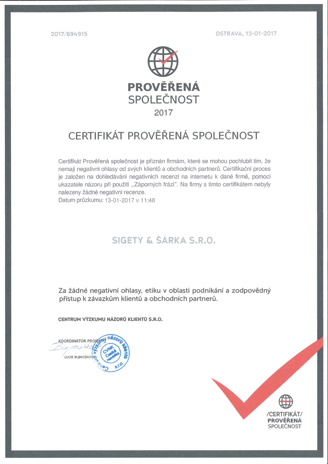 certifikát prověřená společnost 2017